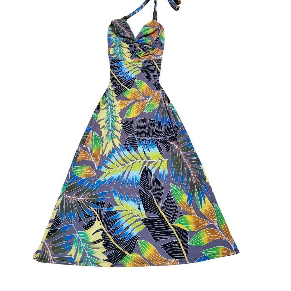 Vintage Hawaiian Halter Maxi Dress S Black‎ Colorful Leaf Gathered Empire Slinky
